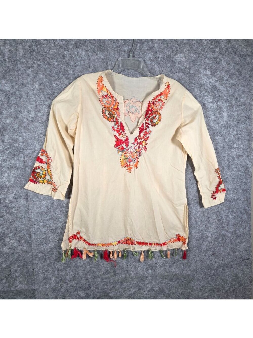 Becca By Rebecca V Women's Blouse Fringe Long Sleeve EmboardaryvCream Sz S/M